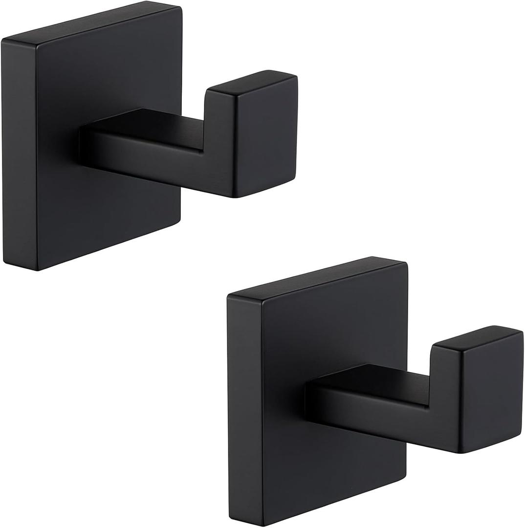 Angle Simple Matte Black Towel Hooks for Bathroom, SUS 304 Stainless Steel Square Wall Coat Hooks, 2 Pack
