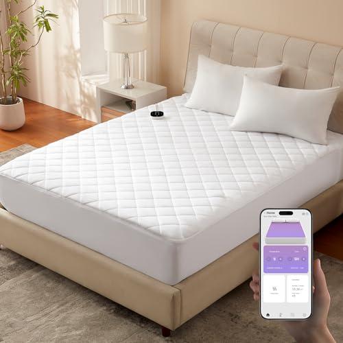 Bwarm WiFi Heated Mattress Pad Queen Size, Bed Warmer with 9 Heat Settings, 1-12 Hours Auto Off Deep Pocket, Machine Washable, Diamond Quilted White Queen 60" x 80"