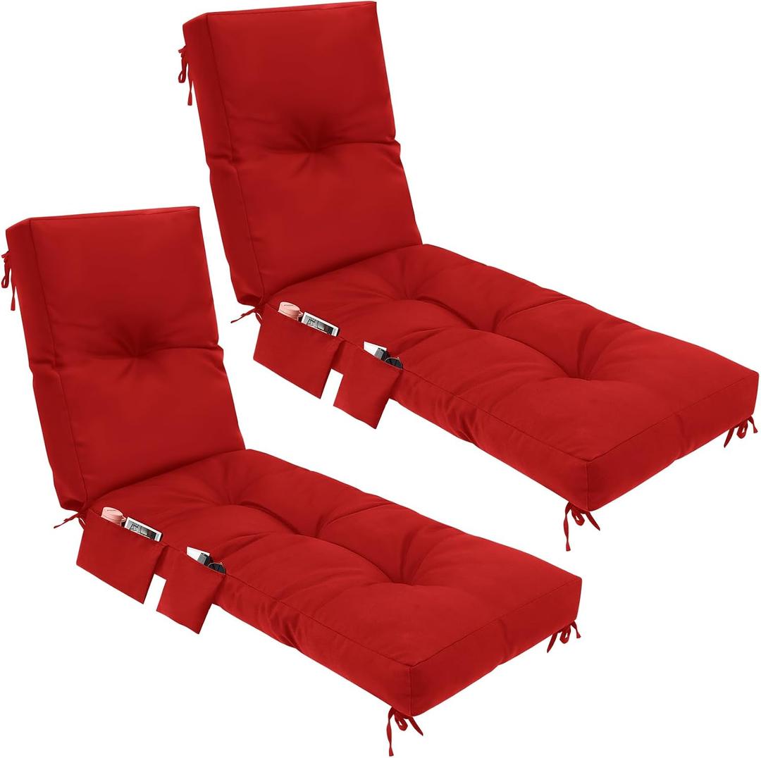 Kigley 2 Pcs Outdoor Chaise Lounge Cushions with 3 Side Pocket 76x22x6 Inch Waterproof Long Deck Reclining Chair Cushions Fade Resistant Replacement Cushion for Furniture Lawn Pool (Red,Solid Color)