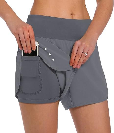 Ksmien Women's 2 in 1 Running Shorts - Lightweight Athletic Workout Gym Yoga Shorts Liner with Phone Pockets Size 2XL