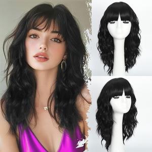 Black Wig with Bangs Short Wavy Wigs for Women Curly Bob Style Wear and Go Natural Synthetic Wigs for Halloween Costumes Cosplay Daily Party Use 16IN