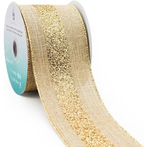 CT CRAFT LLC Tan Faux Jute Burlap with Gold Glitter Stripe Wired Ribbon 2.5 in x 10 YDS for Christmas Home Decor Tree Topper Bow Gift Wrapping DIY Crafts Wreath Garland Wedding