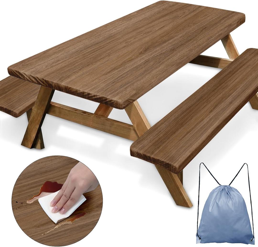 Picnic Table Cover with Bench Covers Elastic Edges, Wooden Brown Fitted Table Cover, Outdoor Patio Camping Essentials 72 Inch 3PCS, Waterproof Camping Fitted Tablecloth with Drawstring Bag