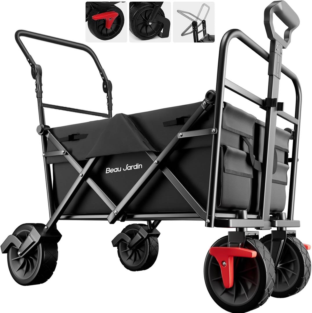 BEAU JARDIN Collapsible Foldable Push Pull Folding Beach Wagon 350lbs Heavy Duty Utility Camping Grocery Garden Sport Wagon with All Terrain Sand Wheels and Brakes Black, (Small)