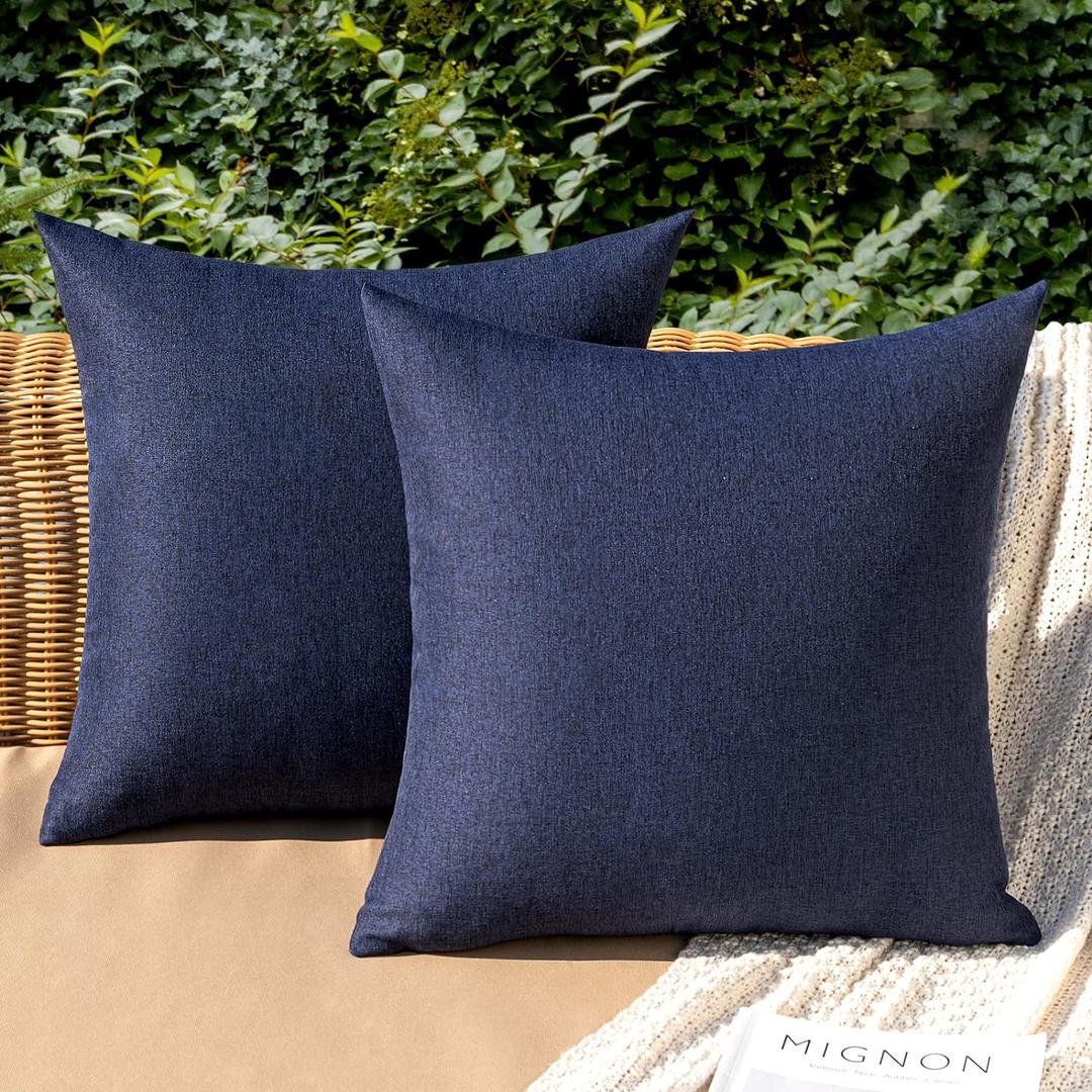 MIULEE Pack of 2 Decorative Outdoor Solid Waterproof Throw Pillow Covers Faux Linen Garden Farmhouse Cushion Cases for Summer Patio Tent Balcony Couch Sofa 18x18 Inch Navy