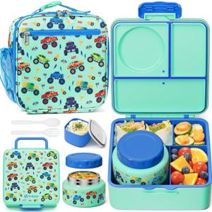 Fimibuke Kids Bento Lunch Box with Food Jar, Leakproof Toddler Bento Box with 8.5OZ Insulated Food Jar, Lunch Bag & Utensils BPA Free Dishwasher Safe 3 or 4 Compartment Container for School Girls Boys (Monster Trucks)