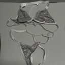 OYOANGLE Women's Glitter Sequin Cheeky Lingerie Set Triangle Bra High Cut String Thongs Sets (Silver, S)