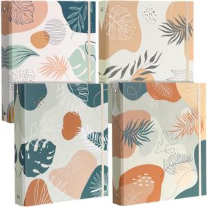 Colarr 4 Pcs Mini 3 Ring Binders for 5.5'' x 8.5'' Paper, 1 Inch Cute Boho Leaves Binders Decorative Hardcover with Elastic Cord for School Office Supplies and Home Use