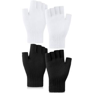 Glooarm 2 Pairs Fingerless Gloves for Women Men Winter Thick Caremere Warm Knit Stretchy Unisex Adults (Medium, Black, White)