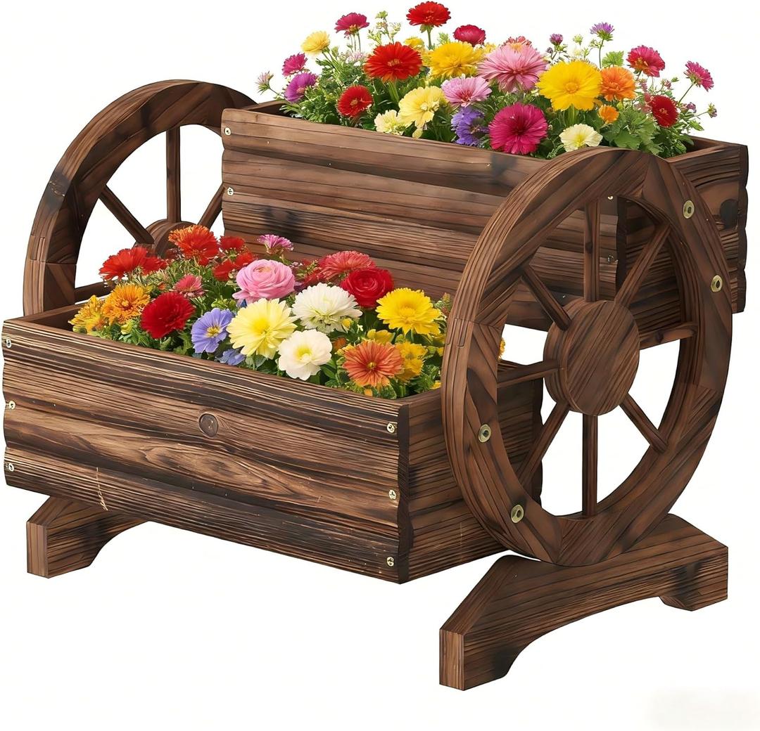 Wooden Wagon Planter Wooden Flower Cart with Wheels Outdoor Garden Planter, Decor Planter for Patio Balcony Decoration Succulent Flower Pot for Indoor Backyard Balcon planters (Carbonized, Medium)