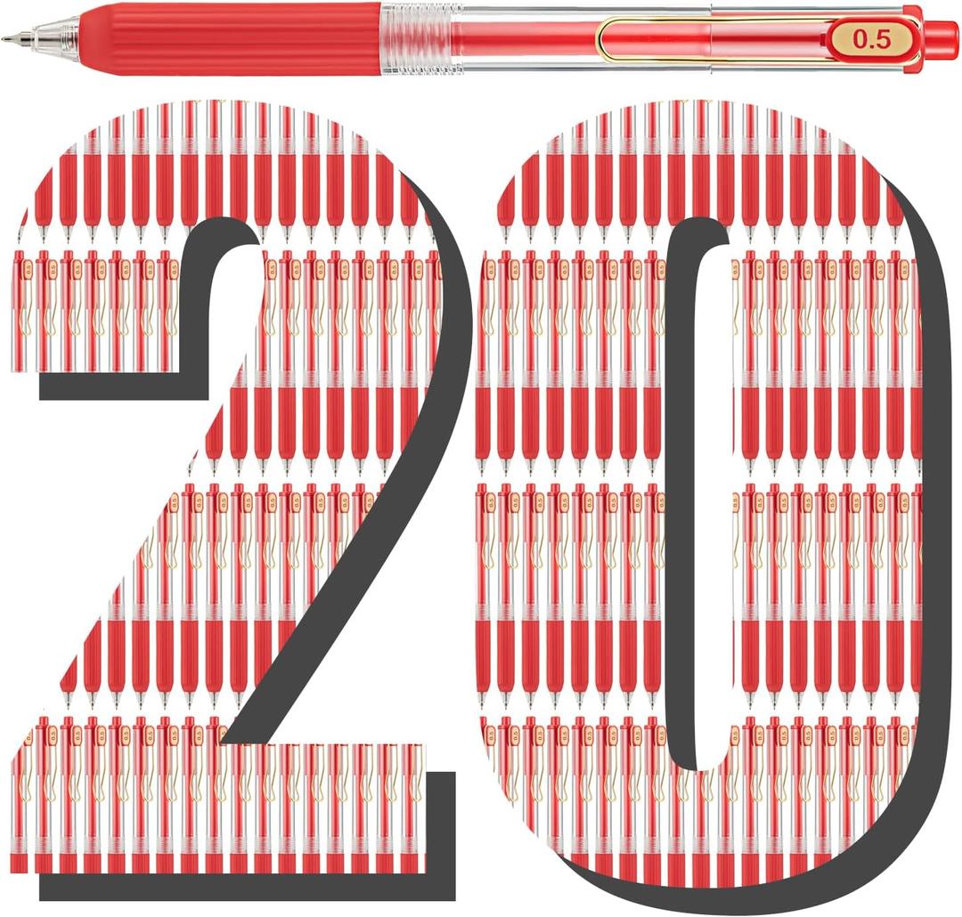 Aozora 20 Pack Red Gel Pens Fine Point Smooth Writing Pens Retractable Red Ink Pen with Soft Grip 0.5mm Quick Dry Office School Supplies Gold Clip