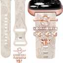 Minyee Floral Engraved Band with Charms Compatible with Fitbit Versa 2/Fitbit Versa/Versa Lite Bands Women,Bling Decorative Ring Loop Cute Soft Silicone Flower Fancy Strap for Versa 2 Watch(with Band)