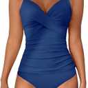B2prity Women's Ruched Tankini Swimsuits V Neck Wrap Tie Back Two Pieces Swimwear Tummy Control Bathing Suit (Peacock Blue) Large