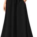 Aodemo Women's Flowy Maxi Skirt Summer Boho Pleated Elastic Waisted Casual Beach Long Skirts with Pockets (Black)