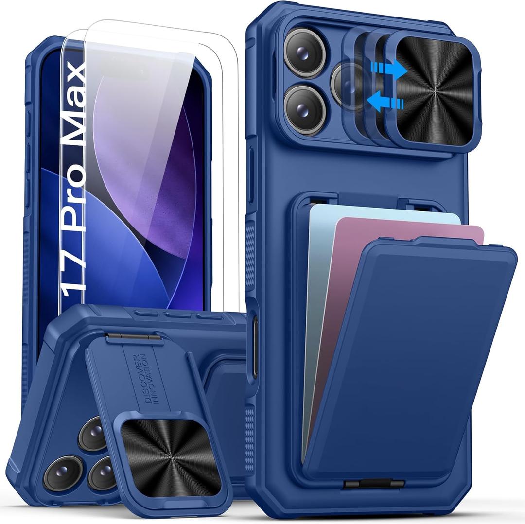 SSLOTSCASE for iPhone 17 Pro Max Case with 2X Screen Protector, Kickstand & Credit Card Holder & Sliding Lens Cover & Camera Stand & Wallet, Silicone Edge Protective Cover for iPhone 17 Pro Max, Blue