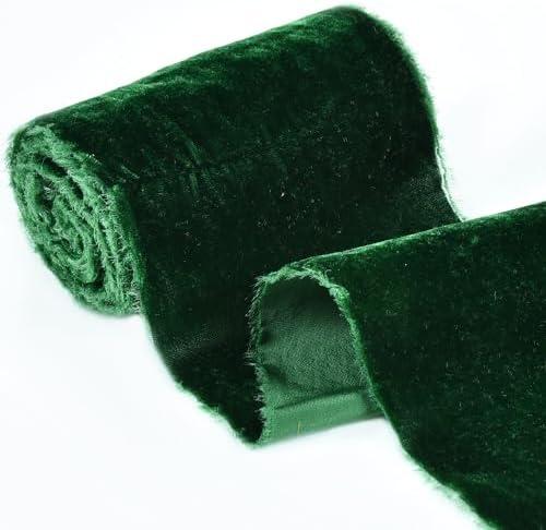RIBBOOO Emerald Green Velvet Ribbon Fringe Frayed Silk Wide Velvet Ribbon (5 Yards) for Christmas Decorations Tree Topper Bows Wreaths Flower Bouquet Dress Sash Wedding