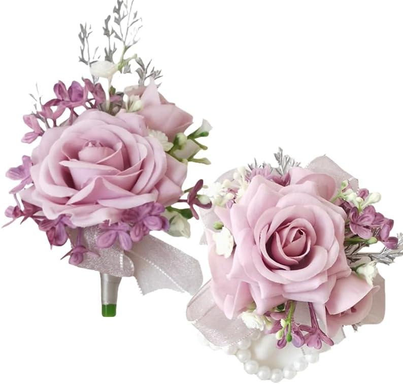 Artificial Rose gypsophila Wrist Corsage and Boutonniere Set Artificial Corsage Wristlet Bracelet for Wedding Decorations Prom Ceremony Accessories(1 Boutonniere & 1 Corsage)