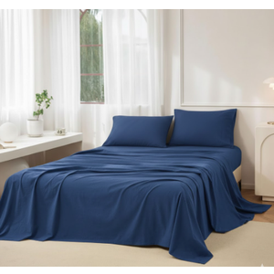 JIYUAN 100% Washed Cotton Sheet Set 4 Pieces Queen,1 Fitted Sheet,1 Flat Sheet and 2 Pillowcases, Comfy and Breathable Linen Like Bedding Set, Blue