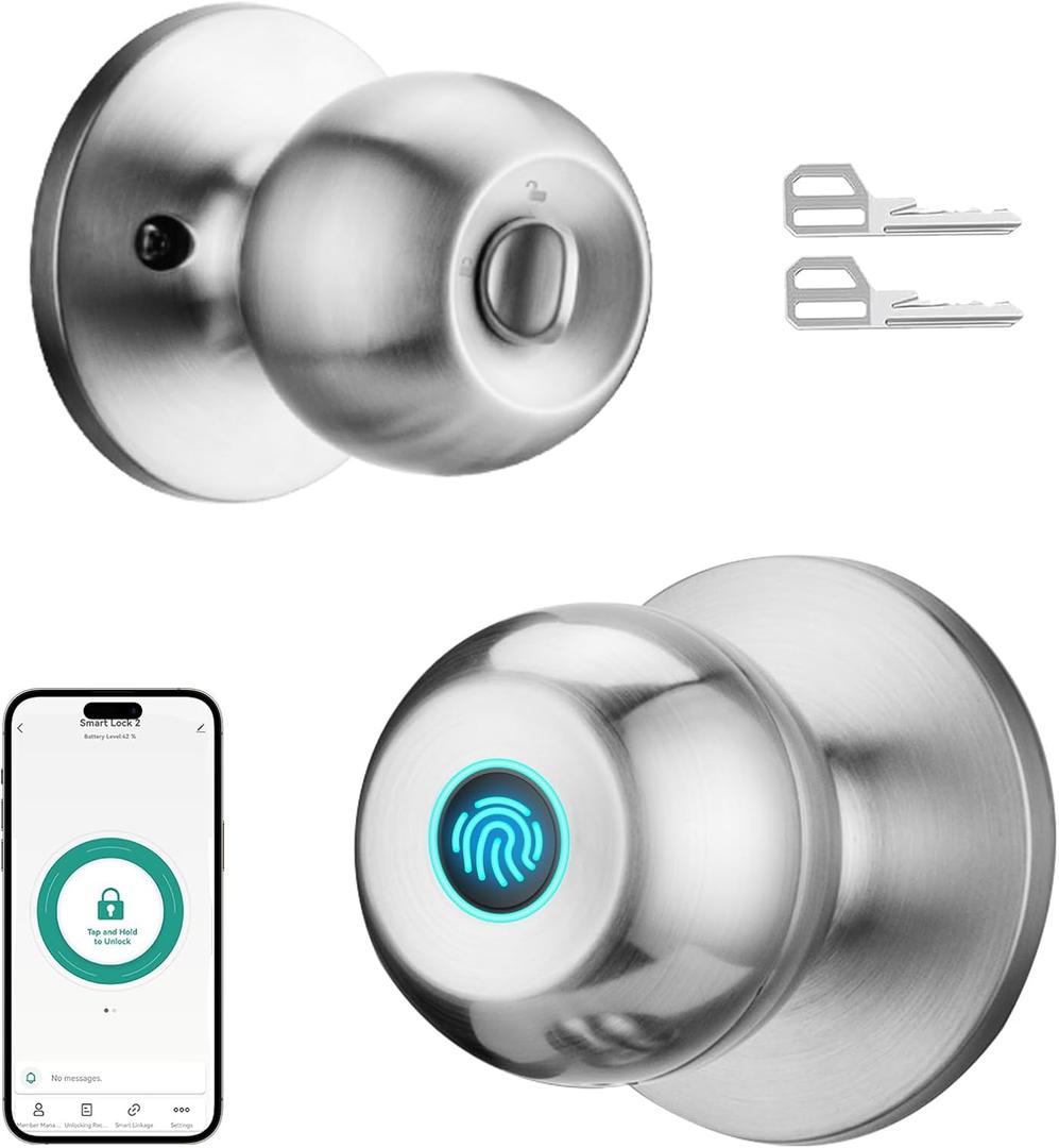 Fingerprint Door Lock, Smart Door Knob with Lock, Biometric Door Lock with App Control & Key, Keyless Door Locks for Bedrooms, Front Door, Home, Finger Print Door Knobs Satin Nickel, 1 Pack