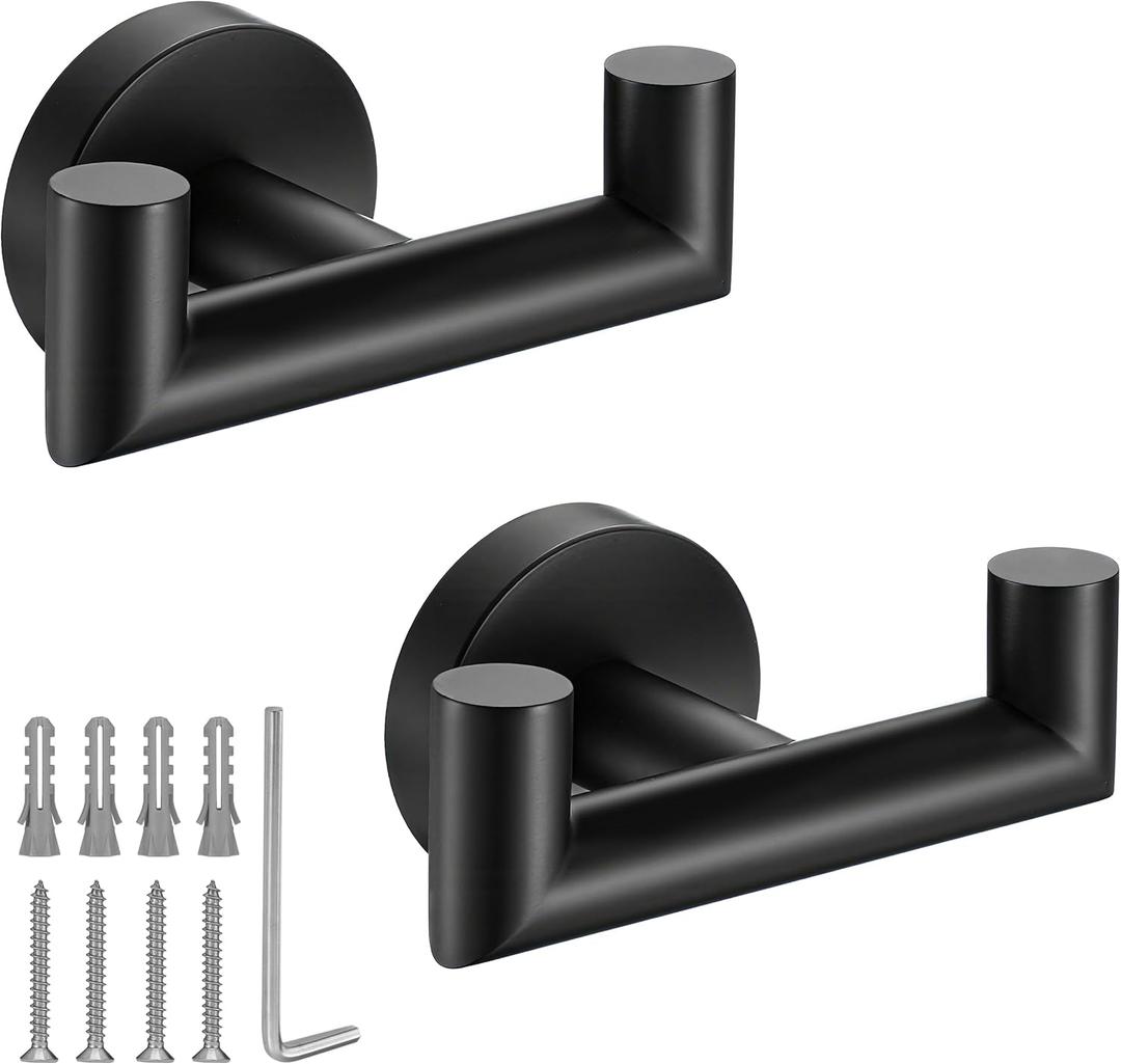 Towel Hooks for Bathrooms, Matte Black Towel Hook for Kitchen Bathroom,SUS304 Stainless Steel Coat Hook, Heavy Duty Double Towels Holder Hooks for Hanging Towels, Coats, sponges, Clothes, Wall Mount,2 Pack