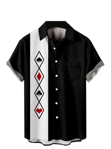 Men's Short Sleeve Button Down Bowling Shirts Hawaiian Casual Poker Symbols Printed Loose Fit Beach Aloha Shirt Black L