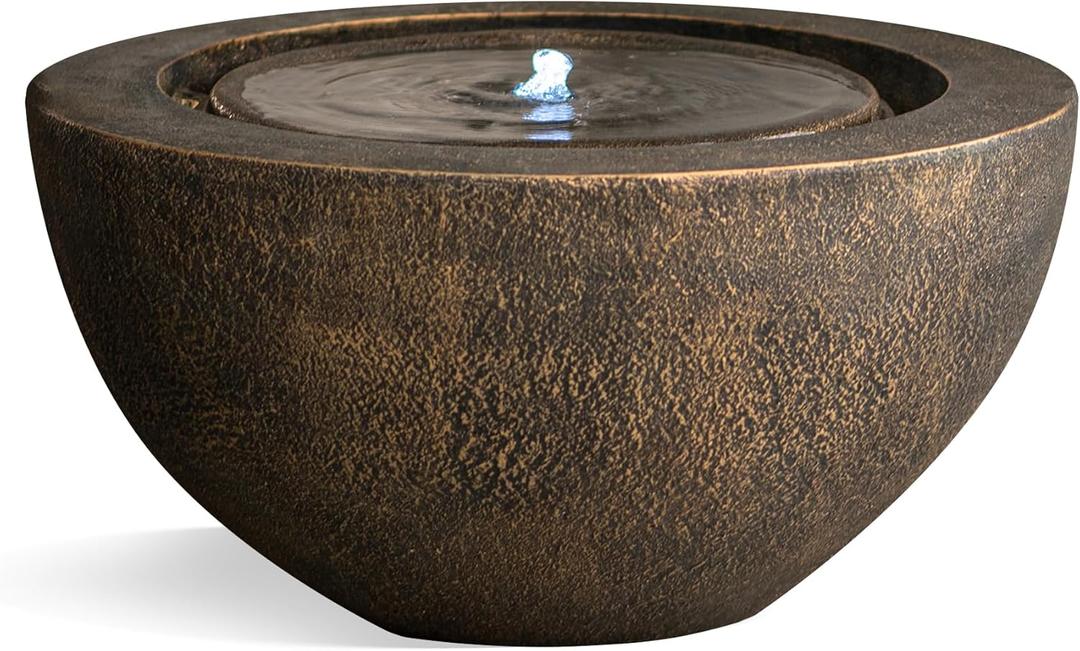 Xbrand 19.8" W Round Polyresin Indoor/Outdoor Sphere Water Fountain with LED Light, Garden/Patio Water Fountain Dcor, Bronze
