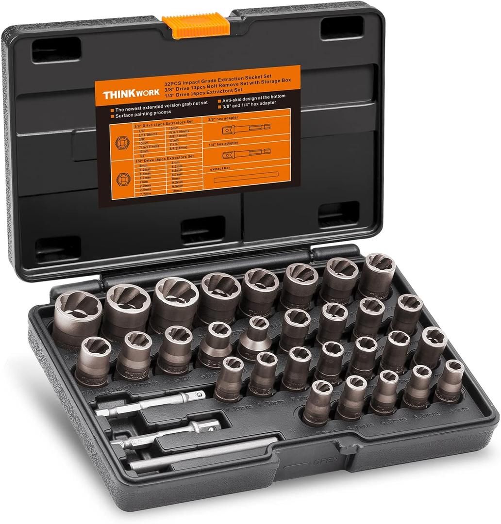 THINKWORK Bolt Extractor Kit, 32-Piece Nut Extractor Socket Set, 1/4" & 3/8" Drive Rounded Bolt Remover, Lug Nut Removal Tool, Rusted, Rounded-Off, Stripped Fasteners