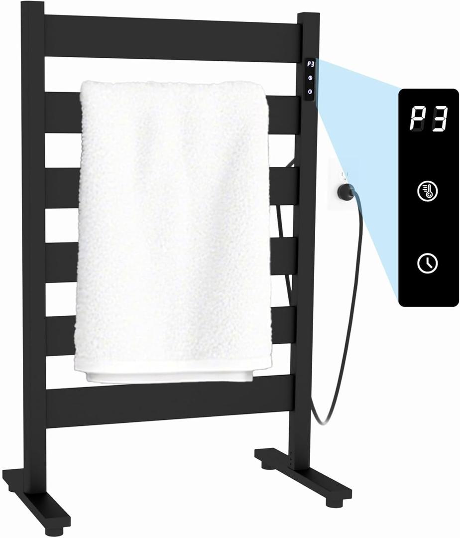 Heated Towel Rack  Rapid PTC Heating, LED Timer Control, High Temp & Large Capacity  6 Bars Premium Freestanding Bathroom Towel Warmer,Matte Black