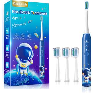 Electric Toothbrush Kids Age 3-5-7-8-12 Year Old, Childrens Electric Toothbrush Rechargeable with Timer 3 Modes 4 Vibrating Heads Habit Stickers 31000VPM Boys Electric Tooth brush (Astronaut Blue)