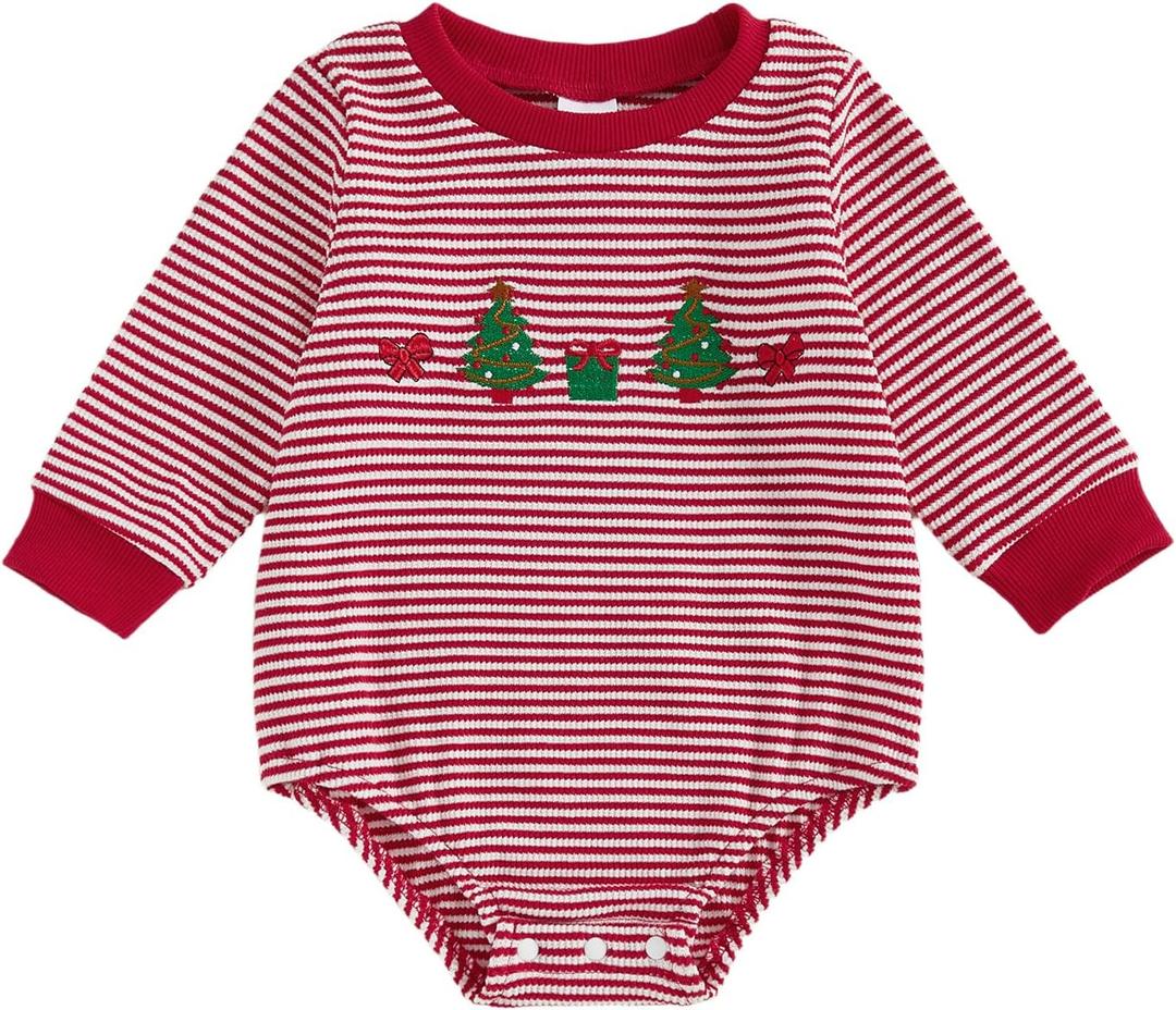 ZAXARRA Baby Christmas Sweatshirt Romper Striped Waffle Knit Jumpsuit Christmas Tree Embroidery Cute Boy Girl Holiday Outfit 12-18M