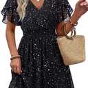 Womens Summer Ruffle Short Sleeve Dress V Neck Flowy Chiffon Layers Boho Dresses (M)