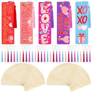 100 Pcs Valentine's Day Wood Bookmarks Bulk DIY Crafts Kit, 50 Set Blank Valentine Hearts Coloring Bookmarks with Tassel for Classroom Gifts Exchange Activity Reading Party Favor Reward Goodie Fillers