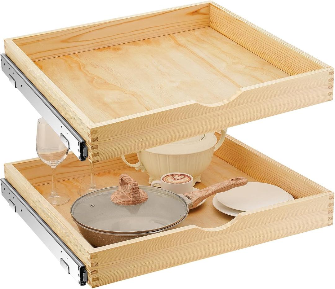 2 Set Pull out Tray Cabinet Organizer Wooden Pull Drawers storage Slide out Pantry Shelf for Base Cabinet Kitchen Gentle Close Fully Assembled Accessories(Wood Color,24'' X 21'' X 3'')