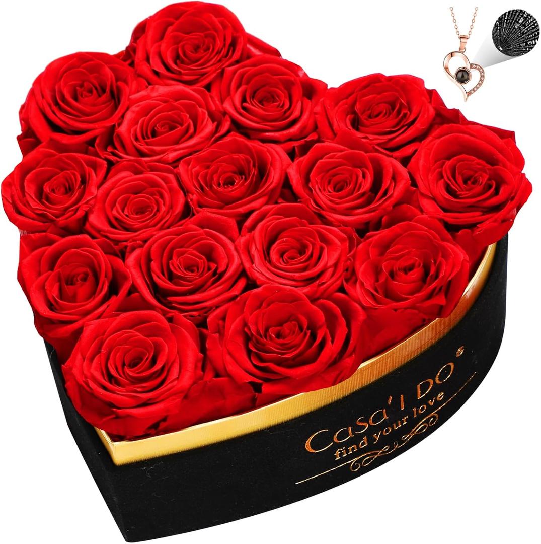 Casaido Preserved Roses Flowers for Delivery 16 Pcs, Mothers Day Rose Gifts for Her, Forever Flores in Heart Box with Necklace, Anniversary Birthday Christmas Vanlentines Gift for Wife Girlfriend, Red