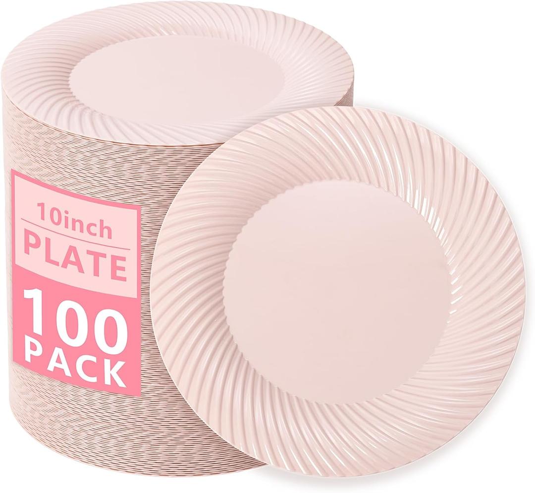 IOOOOO10 Inch Pink Plastic Plates, 100 Count Pink Plastic Dinner Plates,Disposable Heavy Duty Dinner Plates,Premium Hard Gold Disposable Plates for Party, Weddings & Events