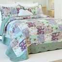 EVENHUG 100% Cotton Quilt Set Queen Size Floral Patchwork Bedding Sets with Pillow Shams Breathable Lightweight Bedspreads Coverlet for All Season 3 Piece (92"x96")