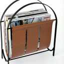 MyGift Black Metal and Caramel Brown Leatherette Magazine Rack  Tabletop or Floor Standing Sling Basket for Magazines, Newspapers, and Books
