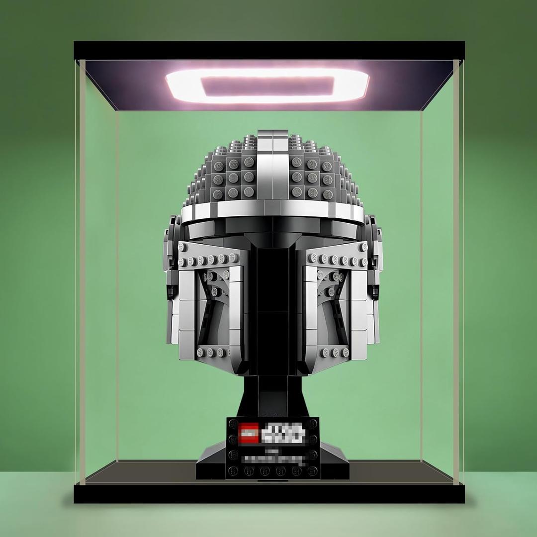 NONEMEY Acrylic Display Case for Lego 75328Assemble Clear Acrylic Display Case Stand Dustproof Protection Showcase Organizer Box for Action Figures (7.8x7.8x9inch, 20x20x23cm) (Black-led Light)