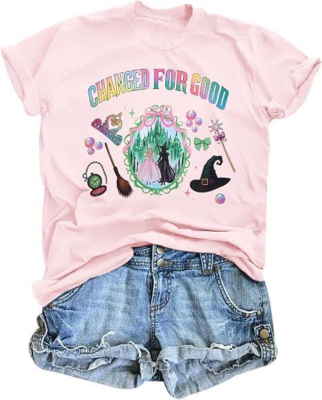 BANGELY Musical Shirt Women Witch T Shirt Changed for Good Tee Musical Movie Graphic Shirt Magical Kingdom Short Sleeve Tops Pink XL