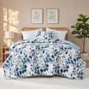 Quilt Set Quilted Bedspread Reversible Lightweight Floral Printed Oversized Quilted Bedding Set with Shams 2pc, Twin Size, Navy Blue