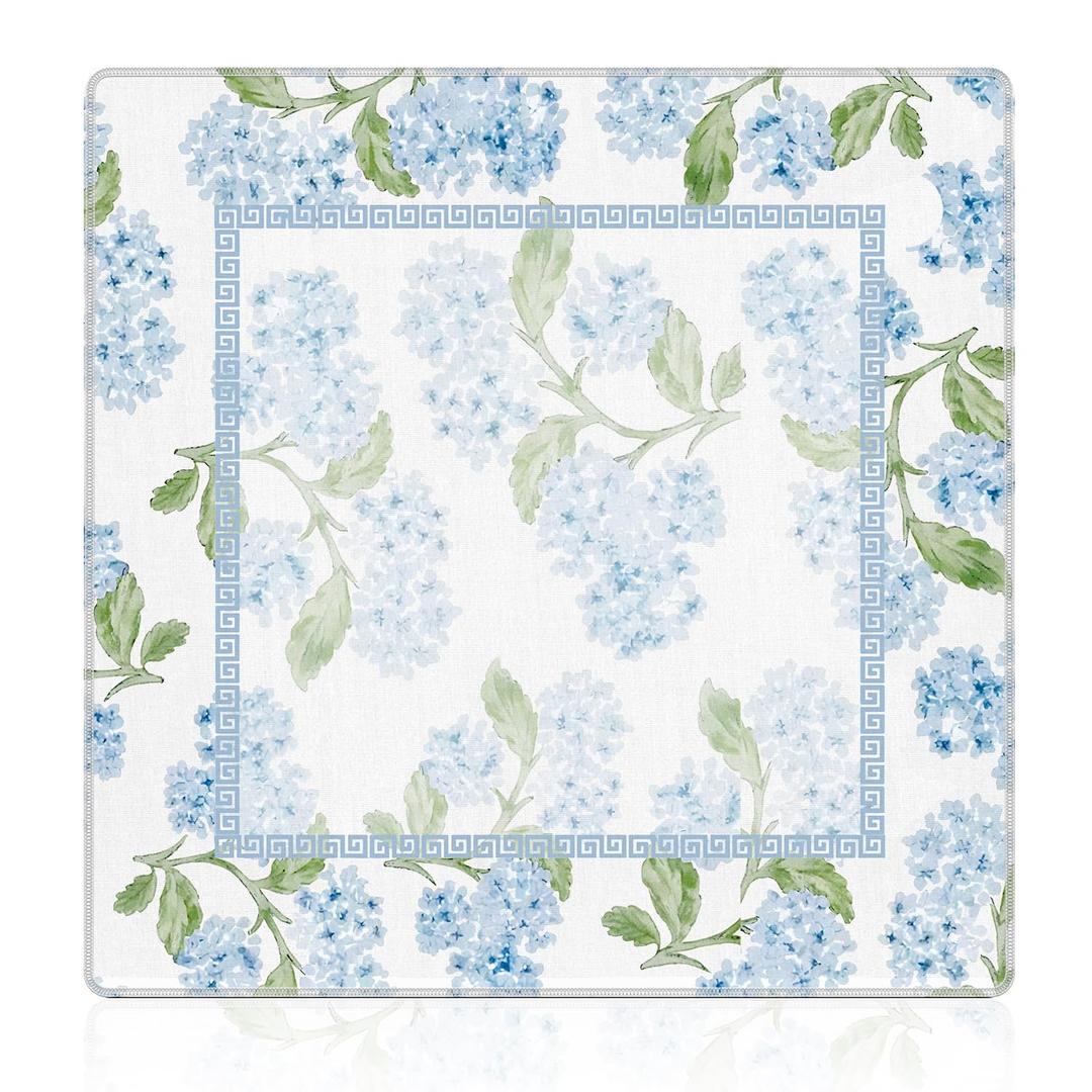 Cquwb Blue Hydrangea Floral Mahjong Mat 31.5"x31.5", Grandmillennial Blue Flower Non-Slip Noise Reduction Gaming Mat for American Mahjong Poker Card Board Games Dominoes