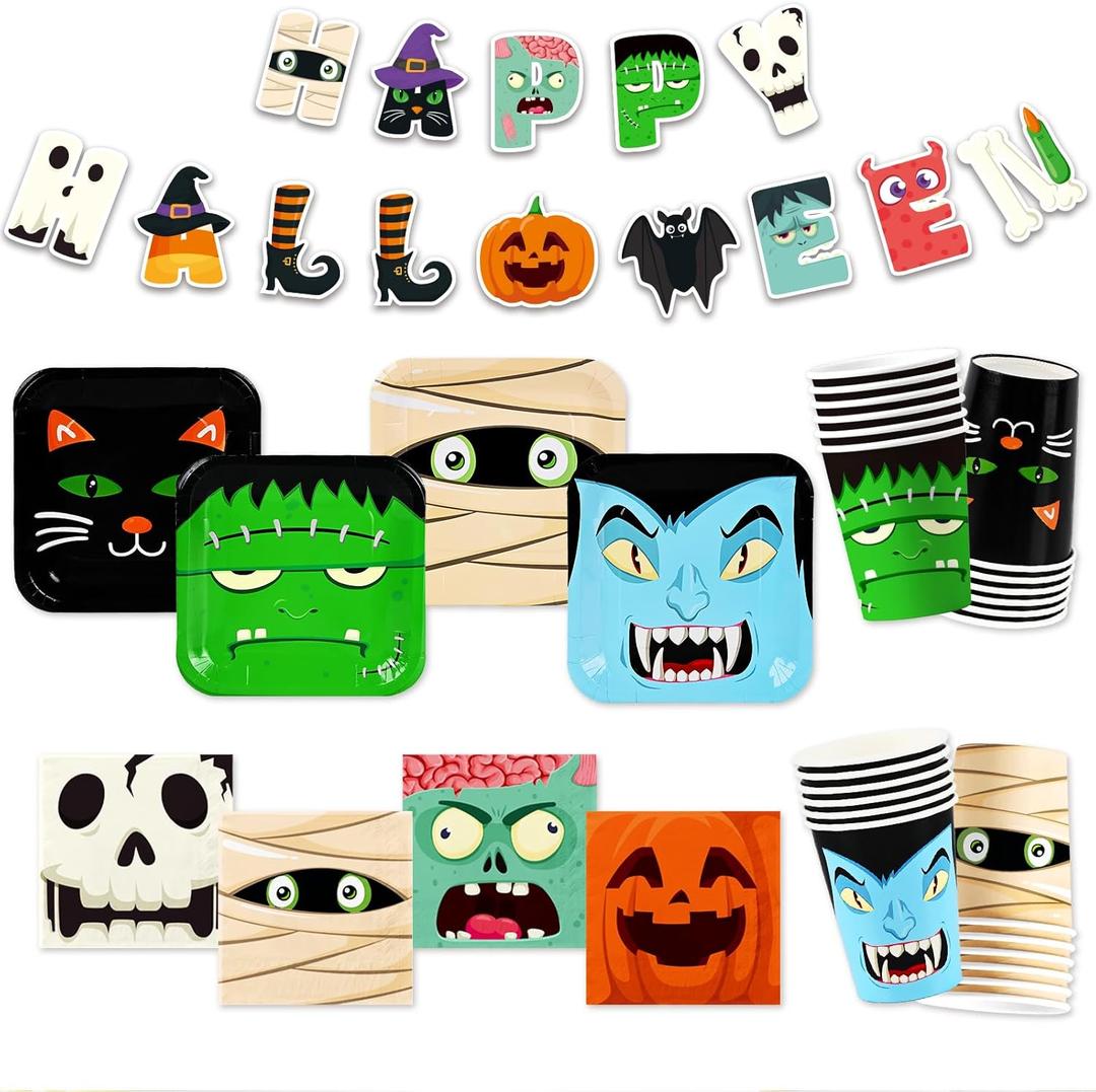 Halloween Party Supplies Kit for 24 Guests - Halloween Design with Disposable Dinner & Dessert Plates, Napkins, Cups, Tablecloth, and Banner -for Birthday Party Decorations
