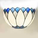 WL0006 Blue White Lotus Tiffany Style Wall Sconce Stained Glass Wall Light Fixtures for Hallway Stairway Bedroom Livingroom, 12 Inches Wide(Blue White)
