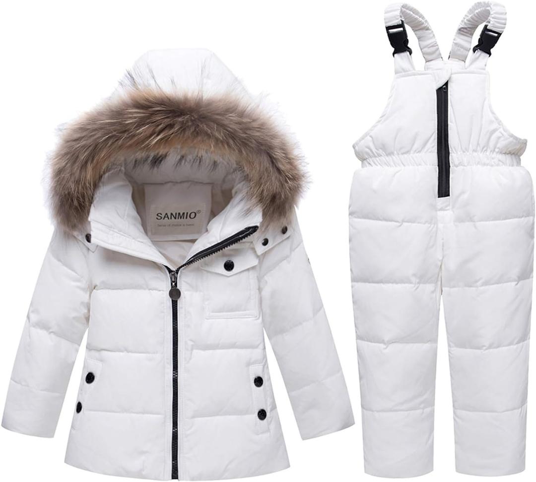 SANMIO Toddler Snowsuit Boy Girl Winter Coat Snow Pants Set, Hooded Down Jacket + Bib Pants Kids Windproof Skiing Suit (3-4T, White)
