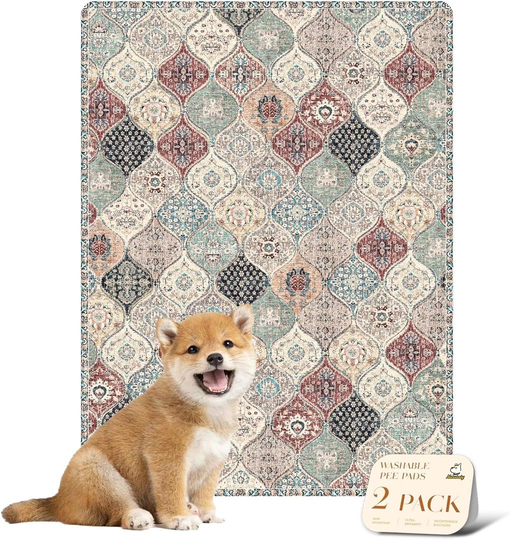 nunubaby Washable Pee Pads for Dogs, Stylish, Non-Slip and Leak-Proof Pee Pads. Reusable Potty Pads for Dogs for Crates and Floors, (Dark Red/Multi, 18" x 24" )