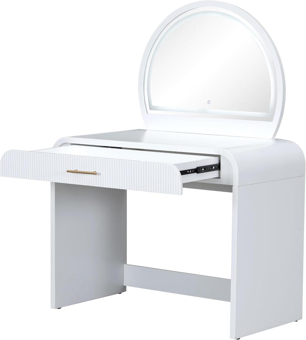 Makeup Vanity Table with Touch Screen Lighted LED Mirror Curved Edge Dressing Table with Storage Drawer Vanity Desk for Chamber Practical(White)