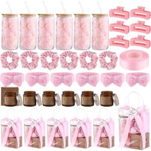 6 Sets Baby Shower Prizes for Game Winners Wedding Bridal Shower Gifts Glass Cans Headband Hair Tie Candles Hair Clips for Baby Wedding Bridal Shower Game Prizes Favors (Pink)