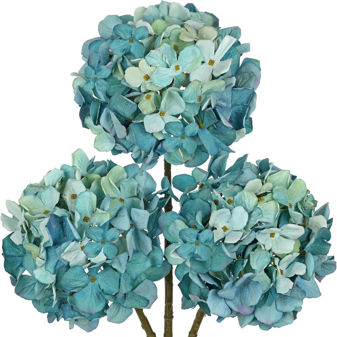 Hippie Blue Hydrangea Artificial Flowers, 19.6in Dried Textured Silk Hydrangea Flowers With Stems 3 Pcs Fake Flower Bouquet Faux Floral Stems Artificial Flower Bulk for Table Wedding Home Decor