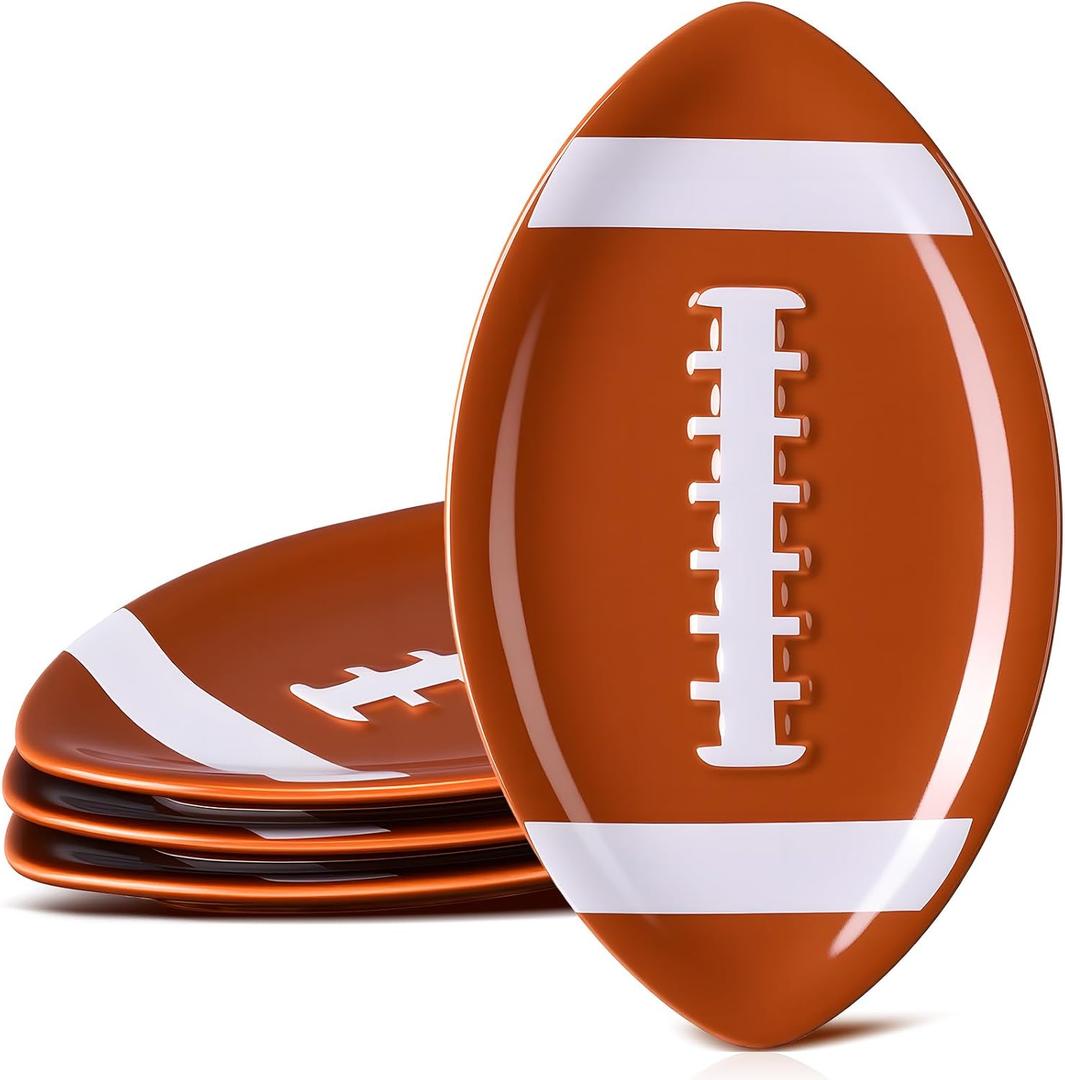 4 Pcs 7.87'' Football Ceramic Plates Rugby Candy Dishes Serving Bowl Dessert Platters Tray for Appetizer Snacks Cookies Treats Football Party Supplies Decorations (Dark Brown)