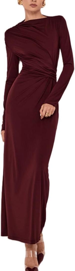 YOXUA Women Elegant Casual Long Sleeve Sexy Bodycon Lounge Temperament Crewneck Maxi Dress (Medium, Red)